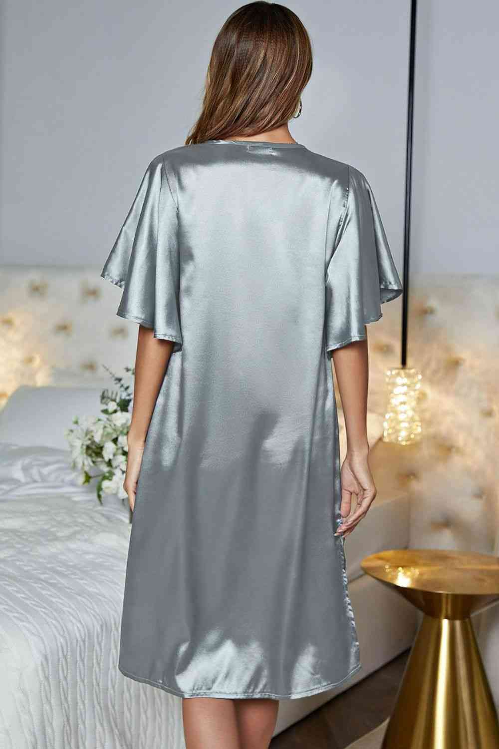 Satin Flutter Sleeve Side Slit V-Neck Night Dress Shapelust