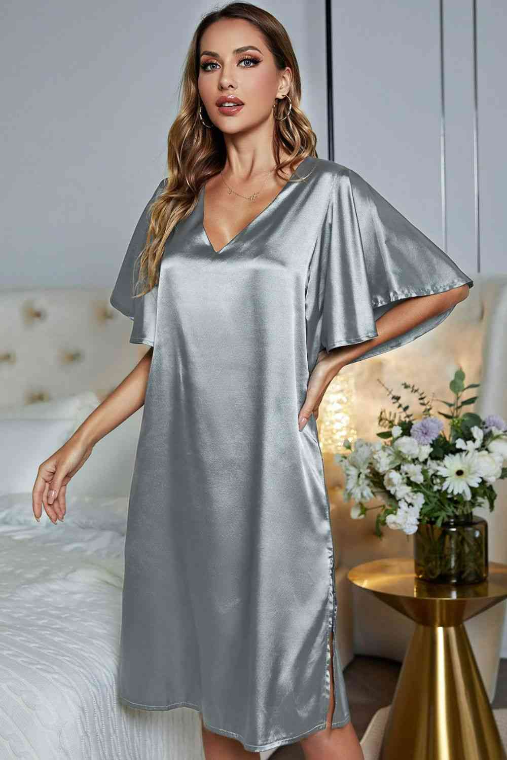 Satin Flutter Sleeve Side Slit V-Neck Night Dress Shapelust