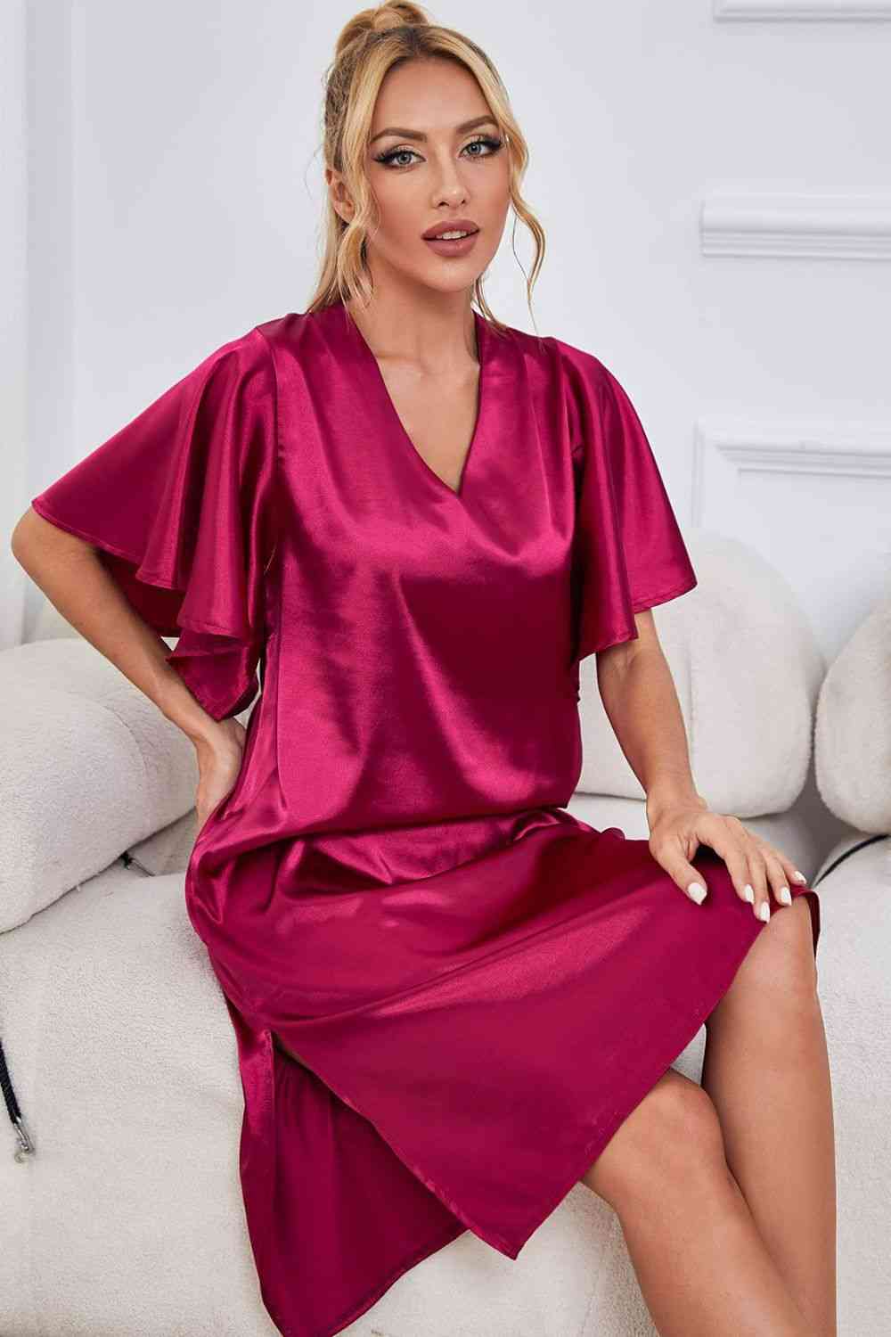 Satin Flutter Sleeve Side Slit V-Neck Night Dress Shapelust