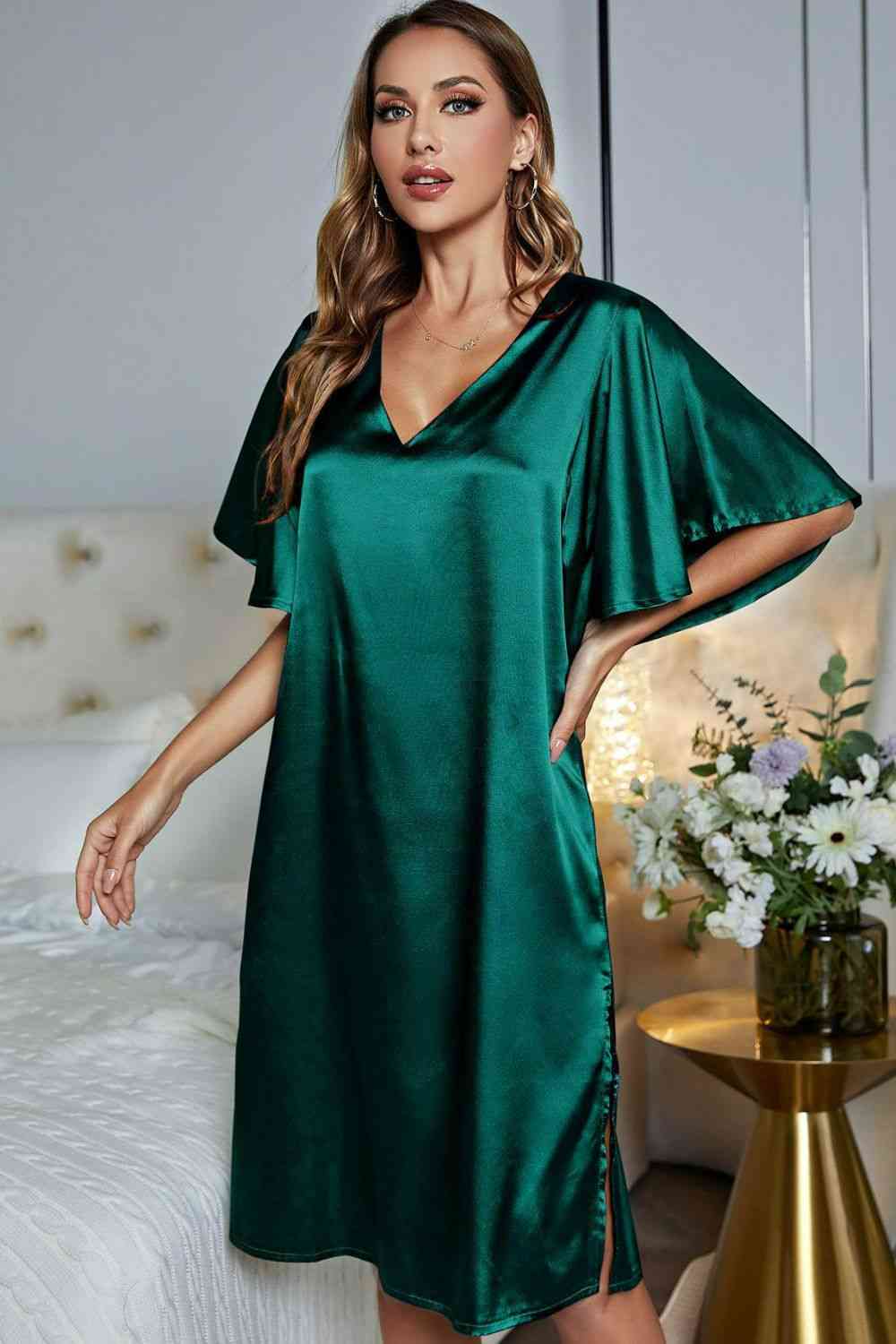 Satin Flutter Sleeve Side Slit V-Neck Night Dress Shapelust