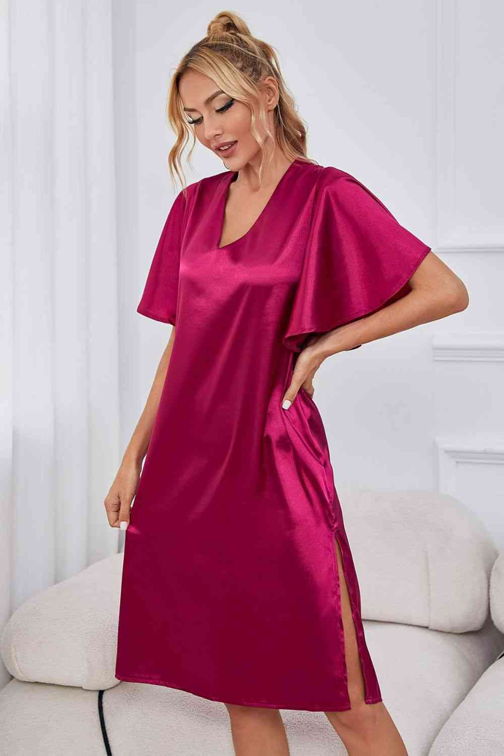 Satin Flutter Sleeve Side Slit V-Neck Night Dress Shapelust