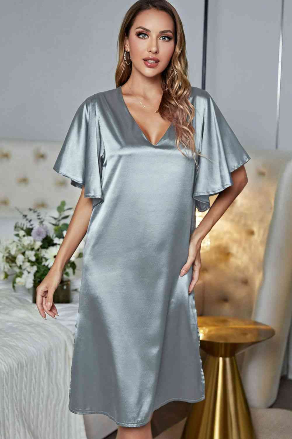 Satin Flutter Sleeve Side Slit V-Neck Night Dress Shapelust