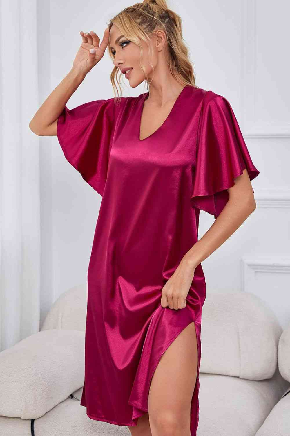 Satin Flutter Sleeve Side Slit V-Neck Night Dress Shapelust