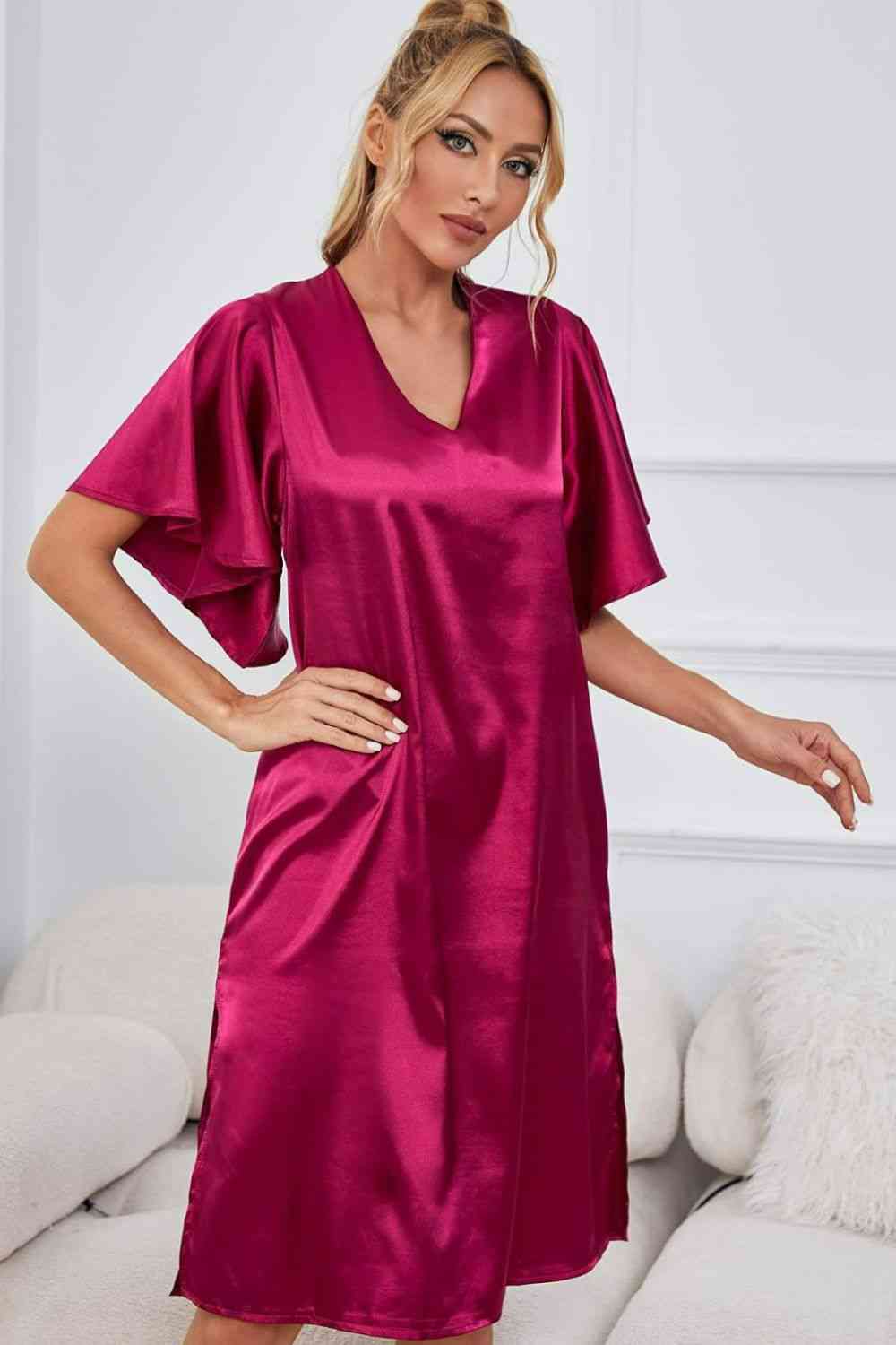 Satin Flutter Sleeve Side Slit V-Neck Night Dress Shapelust