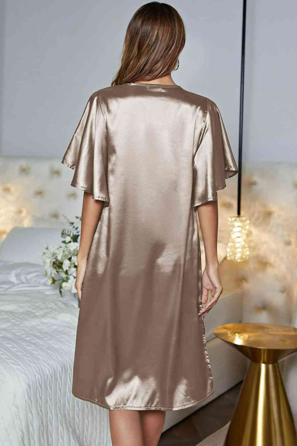Satin Flutter Sleeve Side Slit V-Neck Night Dress Shapelust