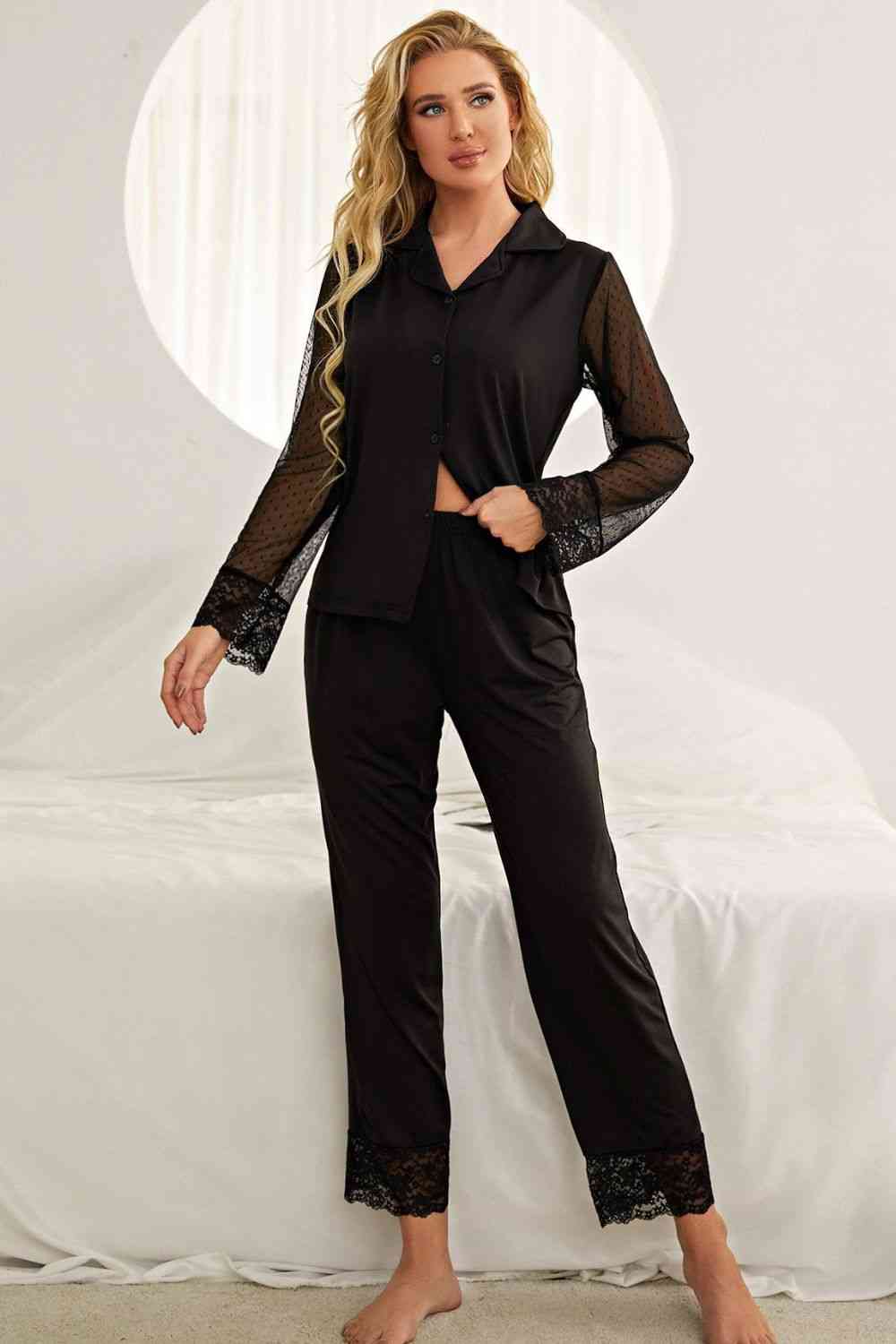 Spliced Lace Lapel Collar Pajama Set Shapelust