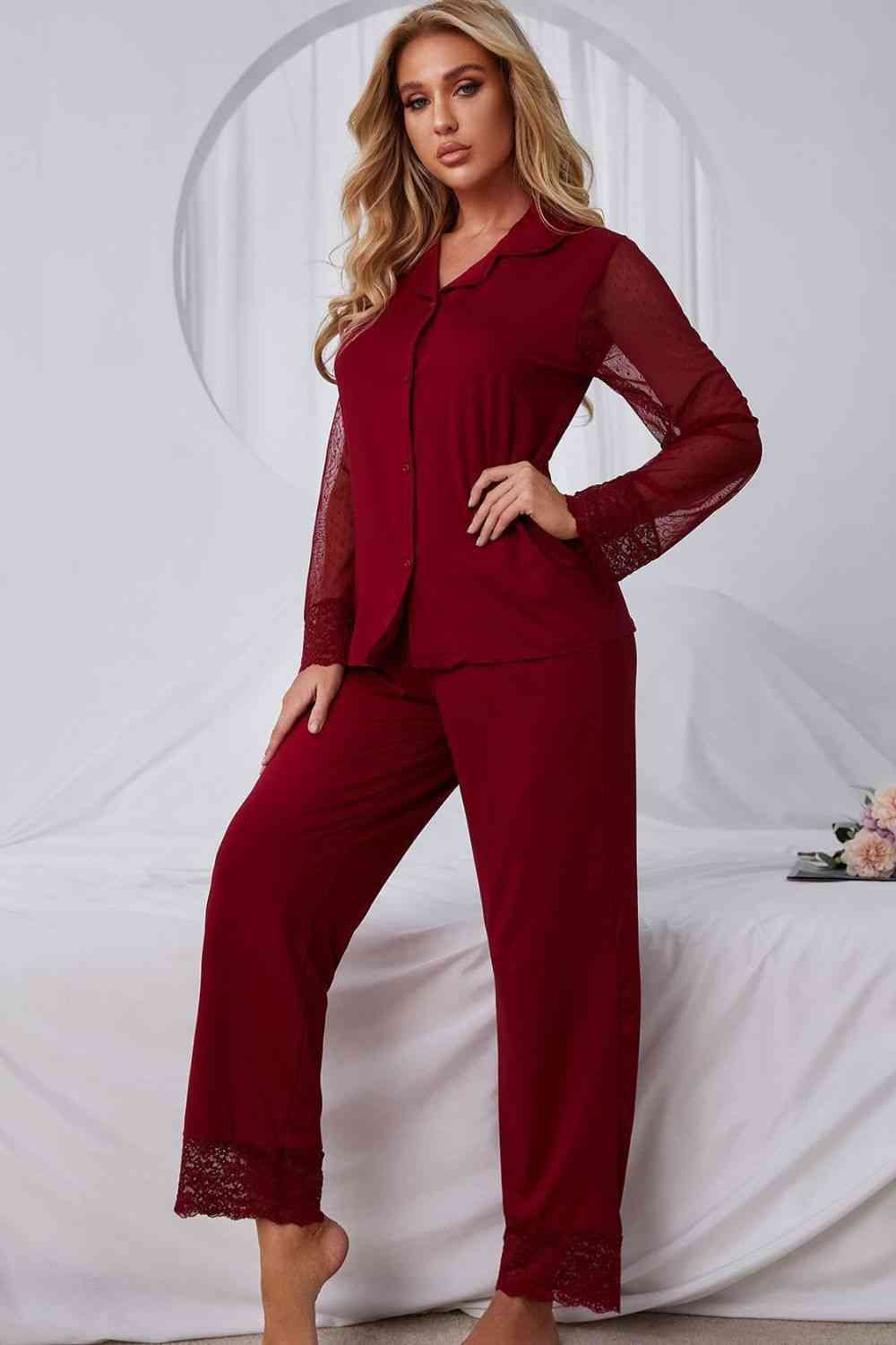 Spliced Lace Lapel Collar Pajama Set Shapelust
