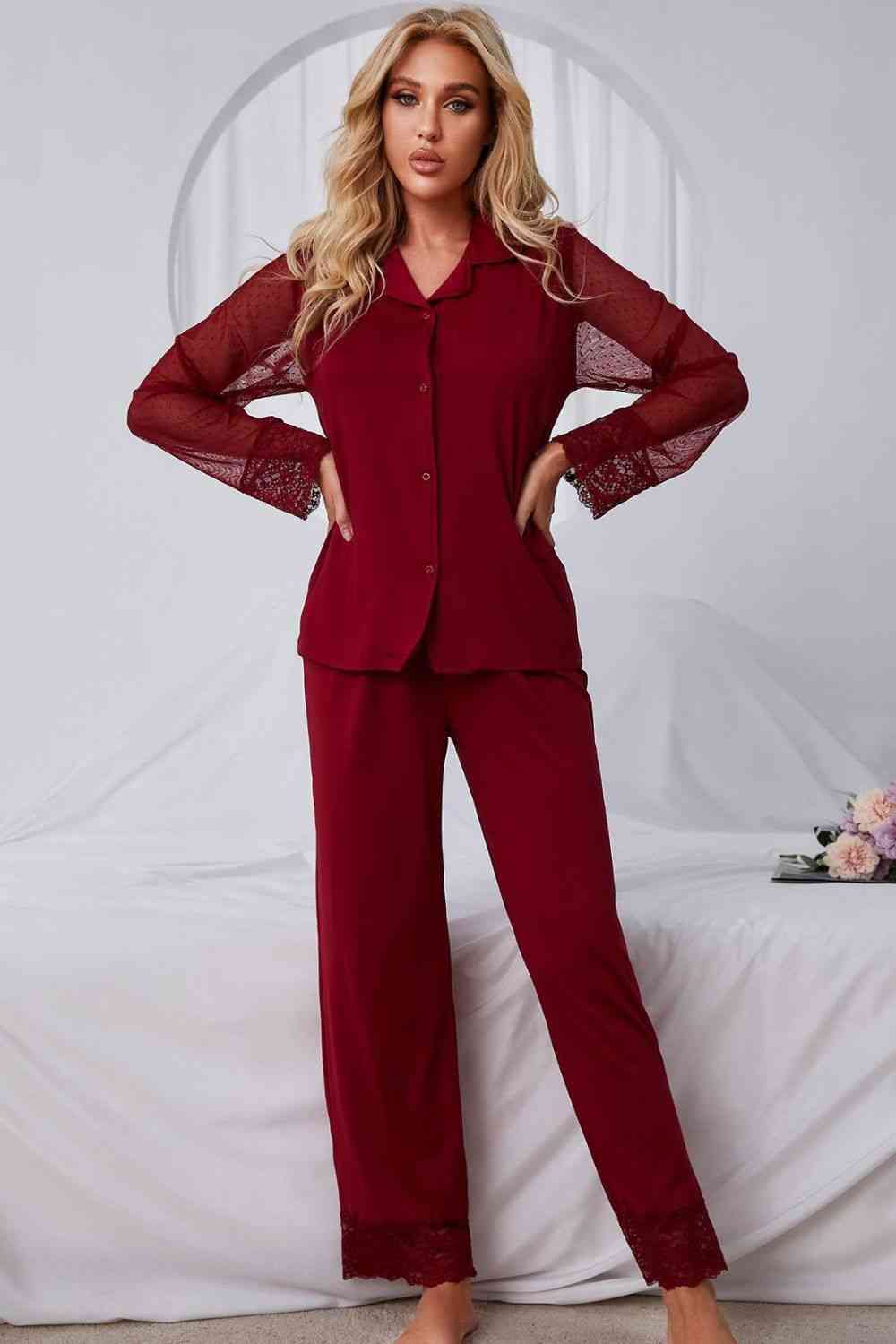 Spliced Lace Lapel Collar Pajama Set Shapelust
