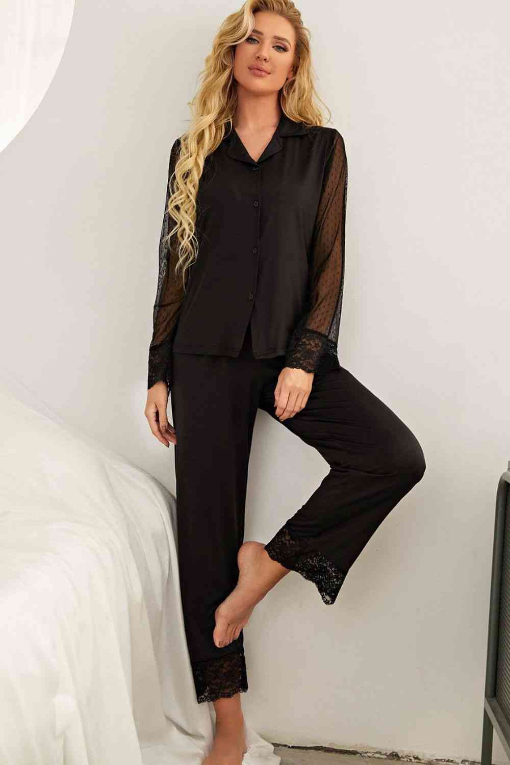 Spliced Lace Lapel Collar Pajama Set Shapelust