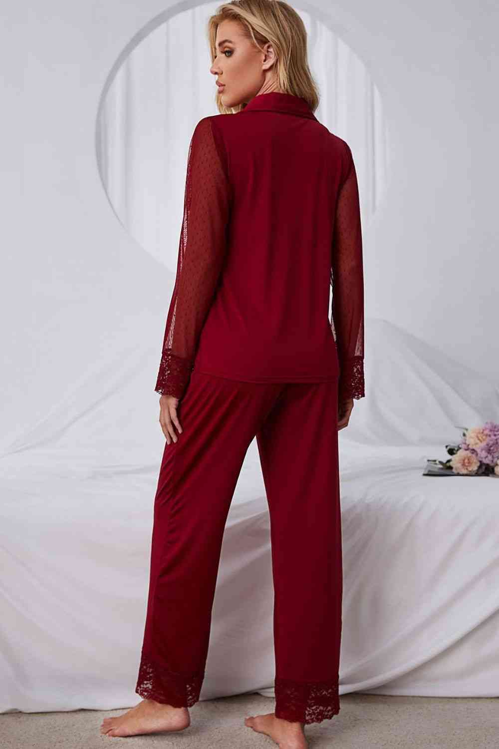 Spliced Lace Lapel Collar Pajama Set Shapelust