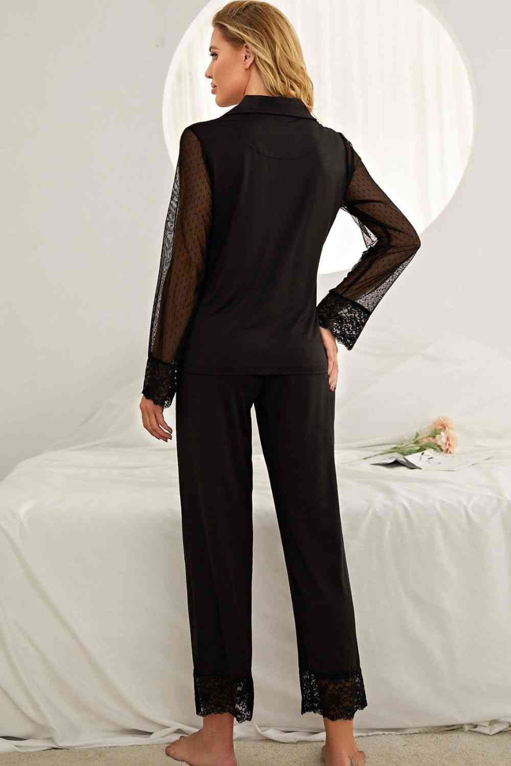 Spliced Lace Lapel Collar Pajama Set Shapelust