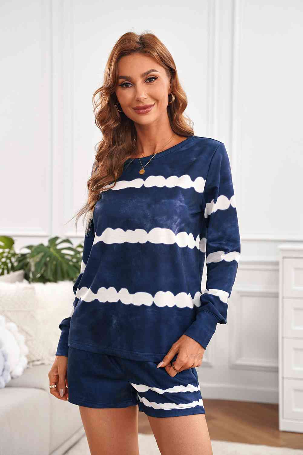 Tie-dyed Stripes Long Sleeve Shorts Lounge Set Shapelust