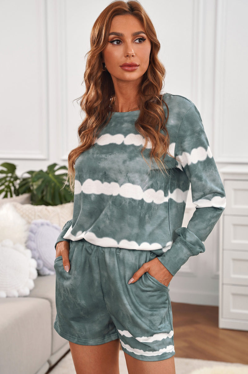 Tie-dyed Stripes Long Sleeve Shorts Lounge Set Shapelust