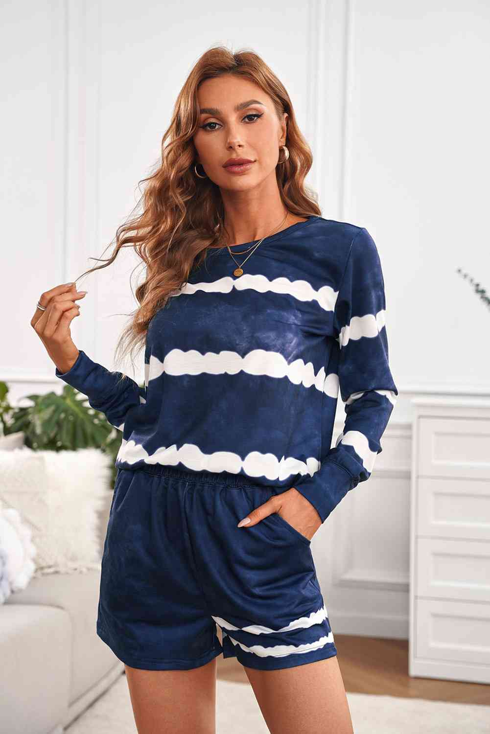 Tie-dyed Stripes Long Sleeve Shorts Lounge Set Shapelust
