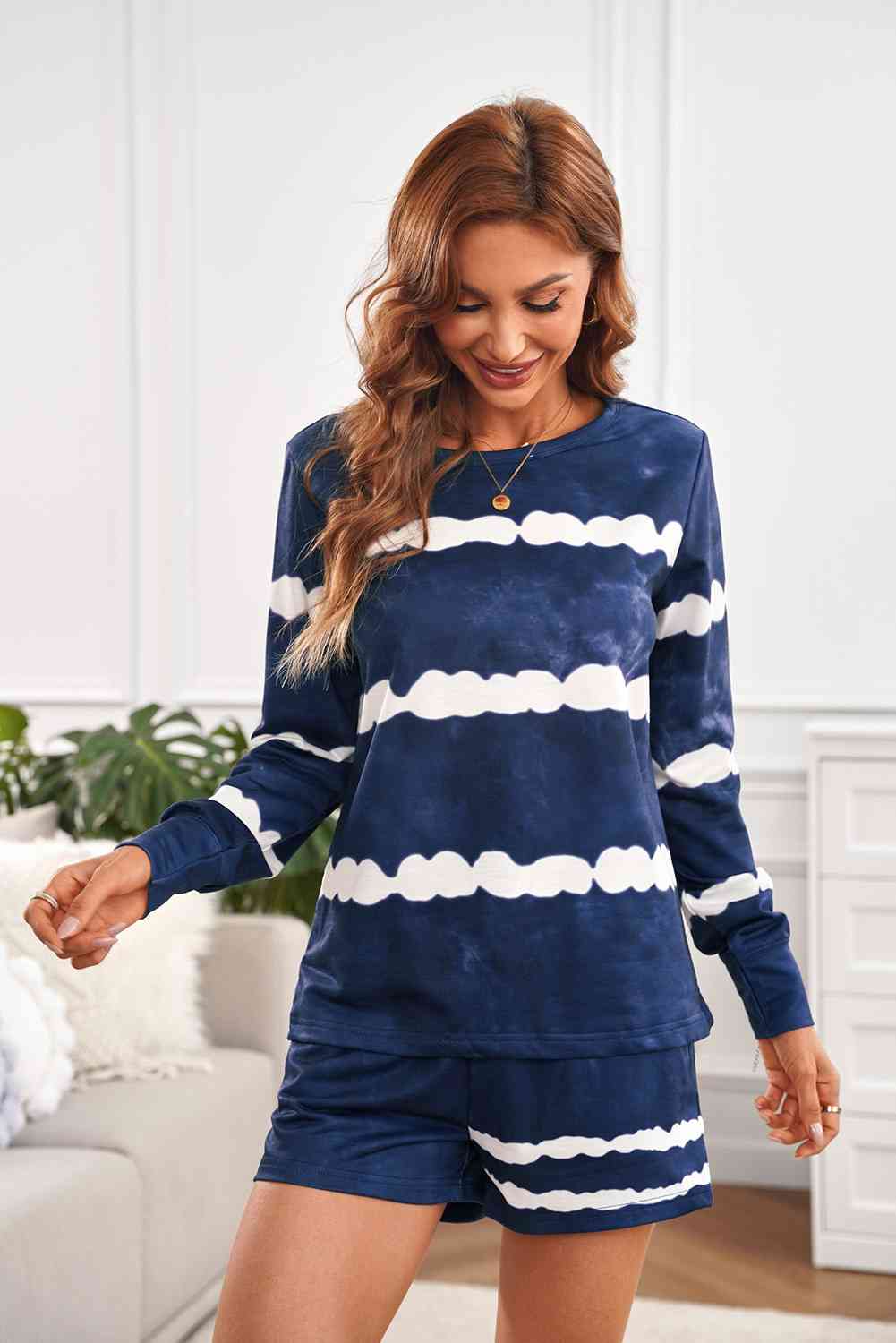 Tie-dyed Stripes Long Sleeve Shorts Lounge Set Shapelust