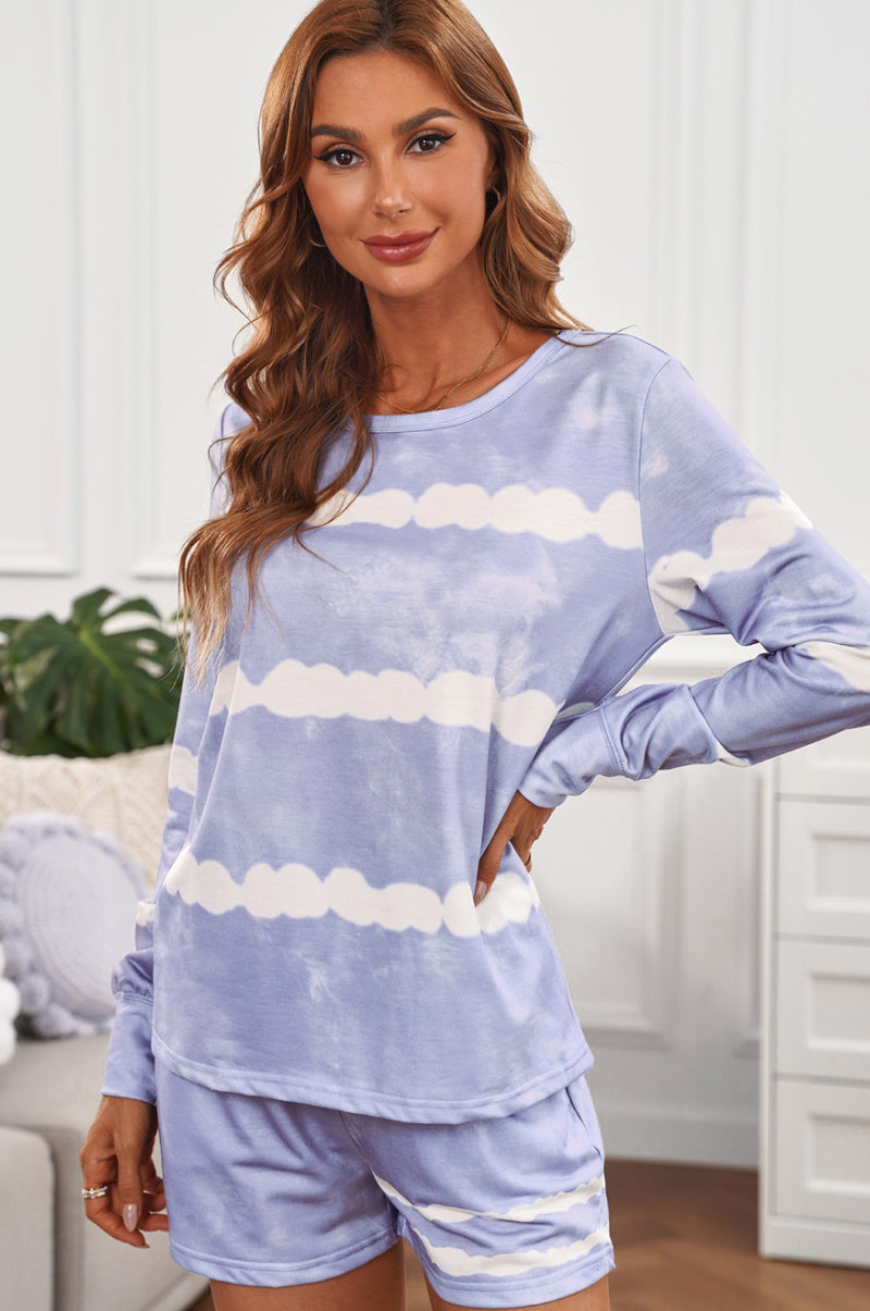 Tie-dyed Stripes Long Sleeve Shorts Lounge Set Shapelust