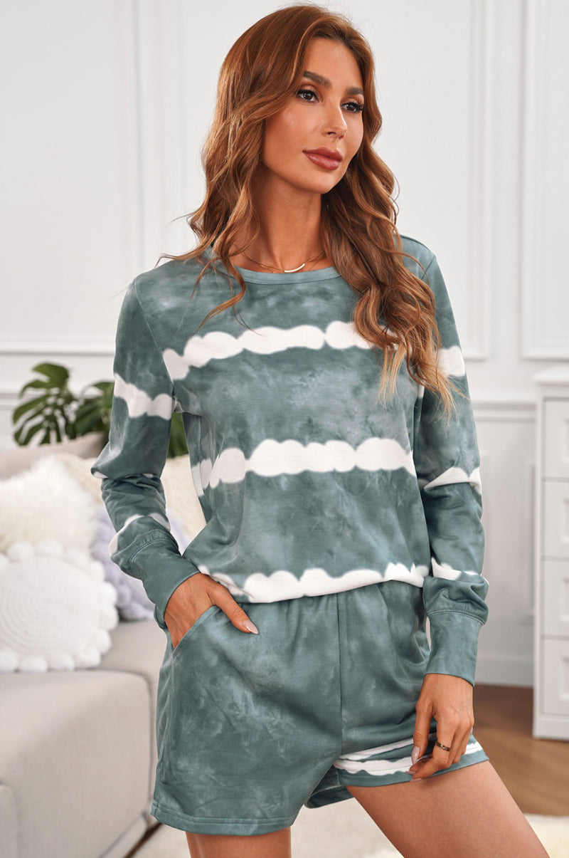 Tie-dyed Stripes Long Sleeve Shorts Lounge Set Shapelust