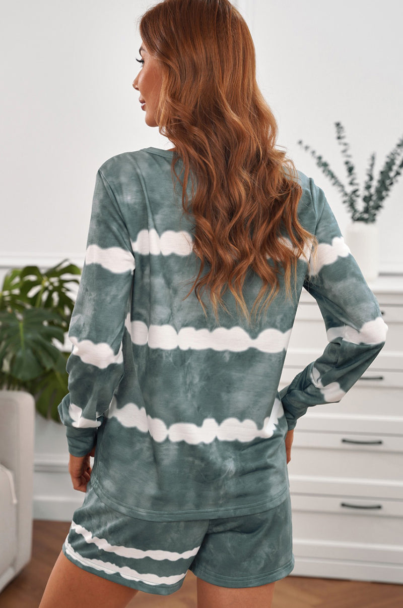 Tie-dyed Stripes Long Sleeve Shorts Lounge Set Shapelust