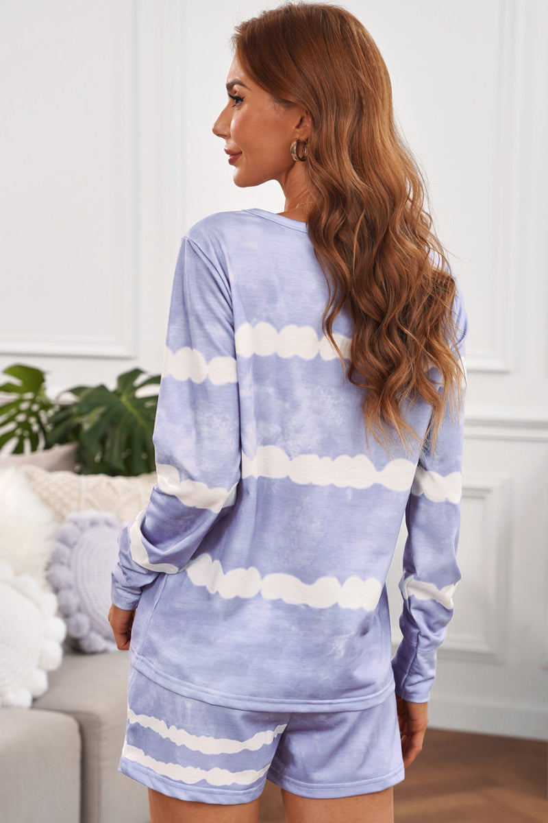 Tie-dyed Stripes Long Sleeve Shorts Lounge Set Shapelust