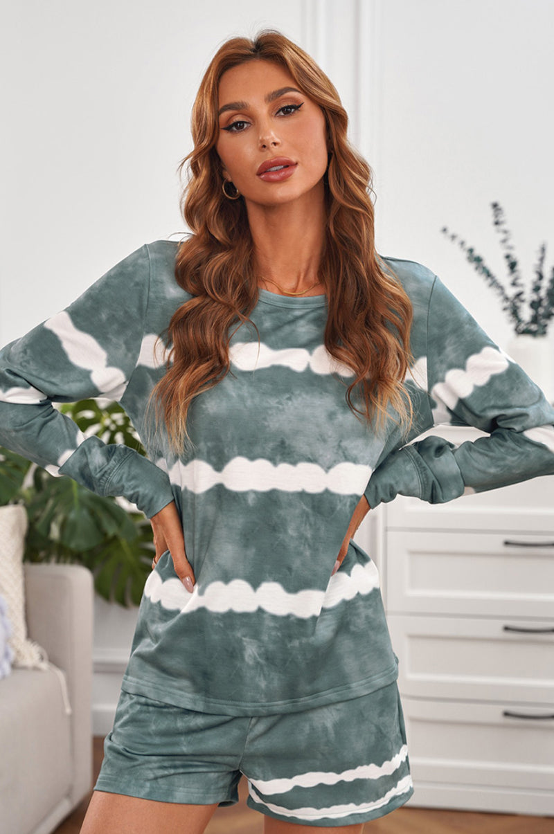 Tie-dyed Stripes Long Sleeve Shorts Lounge Set Shapelust