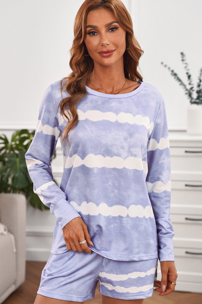 Tie-dyed Stripes Long Sleeve Shorts Lounge Set Shapelust