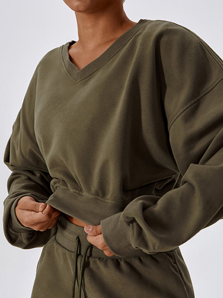 V-Neck Dropped Shoulder Sports Sweatshirt Shapelust