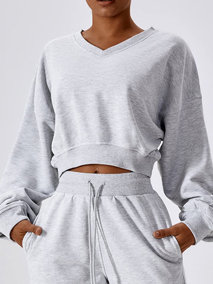 V-Neck Dropped Shoulder Sports Sweatshirt Shapelust