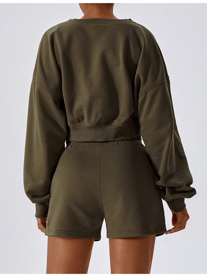 V-Neck Dropped Shoulder Sports Sweatshirt Shapelust