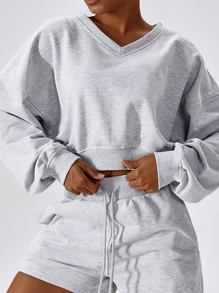 V-Neck Dropped Shoulder Sports Sweatshirt Shapelust