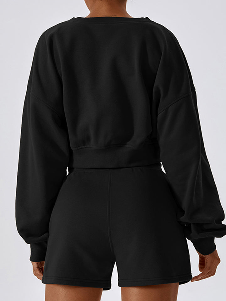 V-Neck Dropped Shoulder Sports Sweatshirt Shapelust