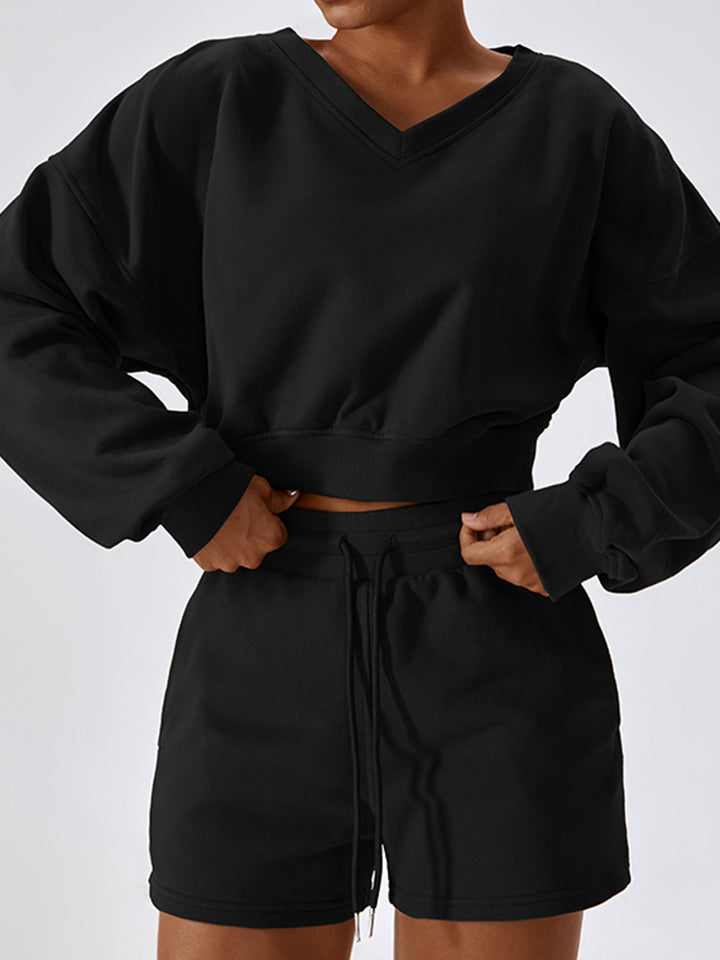 V-Neck Dropped Shoulder Sports Sweatshirt Shapelust