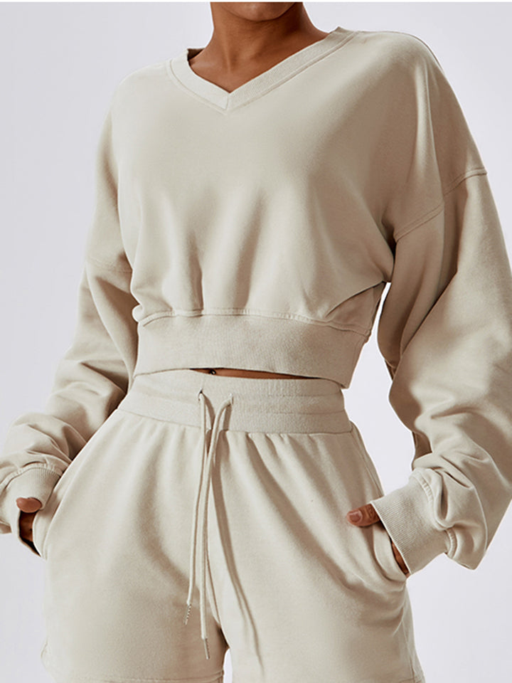 V-Neck Dropped Shoulder Sports Sweatshirt Shapelust