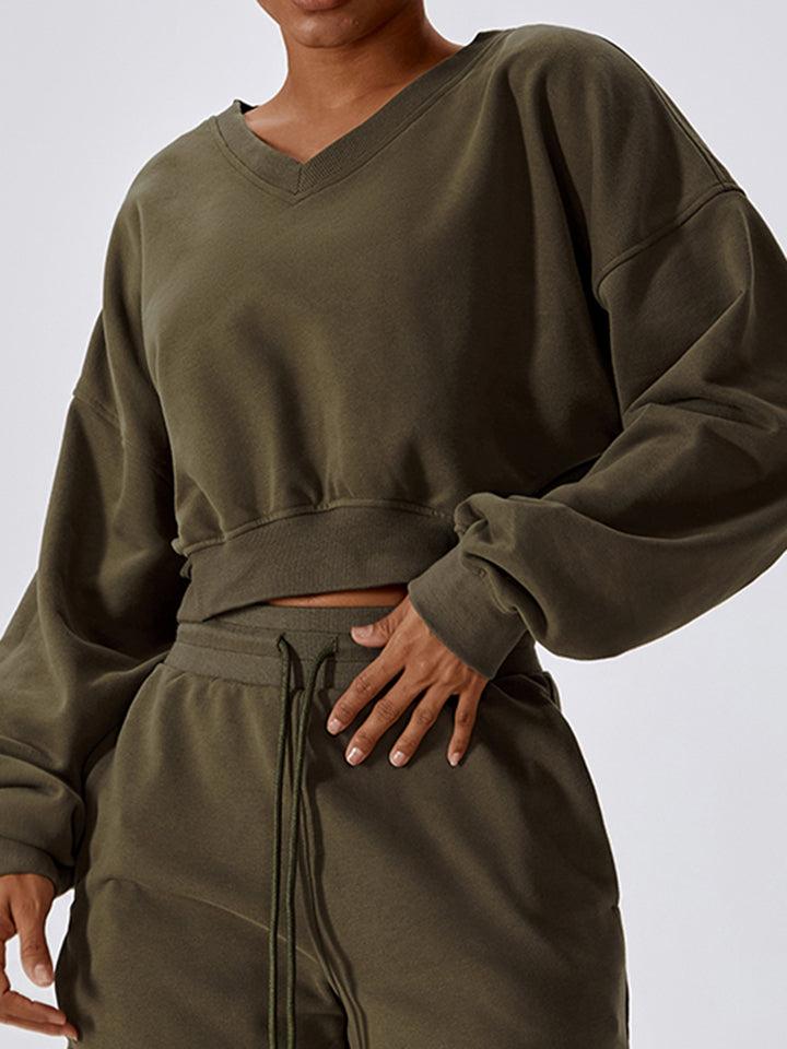 V-Neck Dropped Shoulder Sports Sweatshirt Shapelust