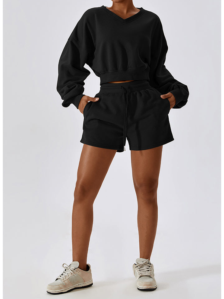 V-Neck Dropped Shoulder Sports Sweatshirt Shapelust