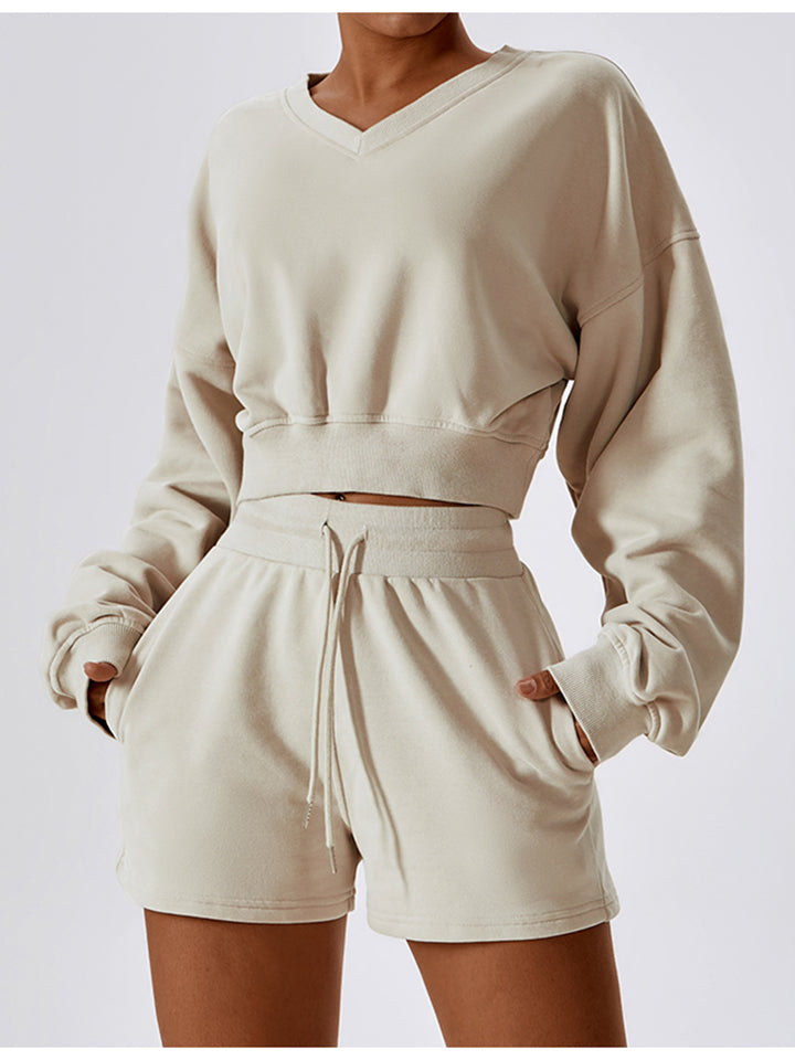 V-Neck Dropped Shoulder Sports Sweatshirt Shapelust