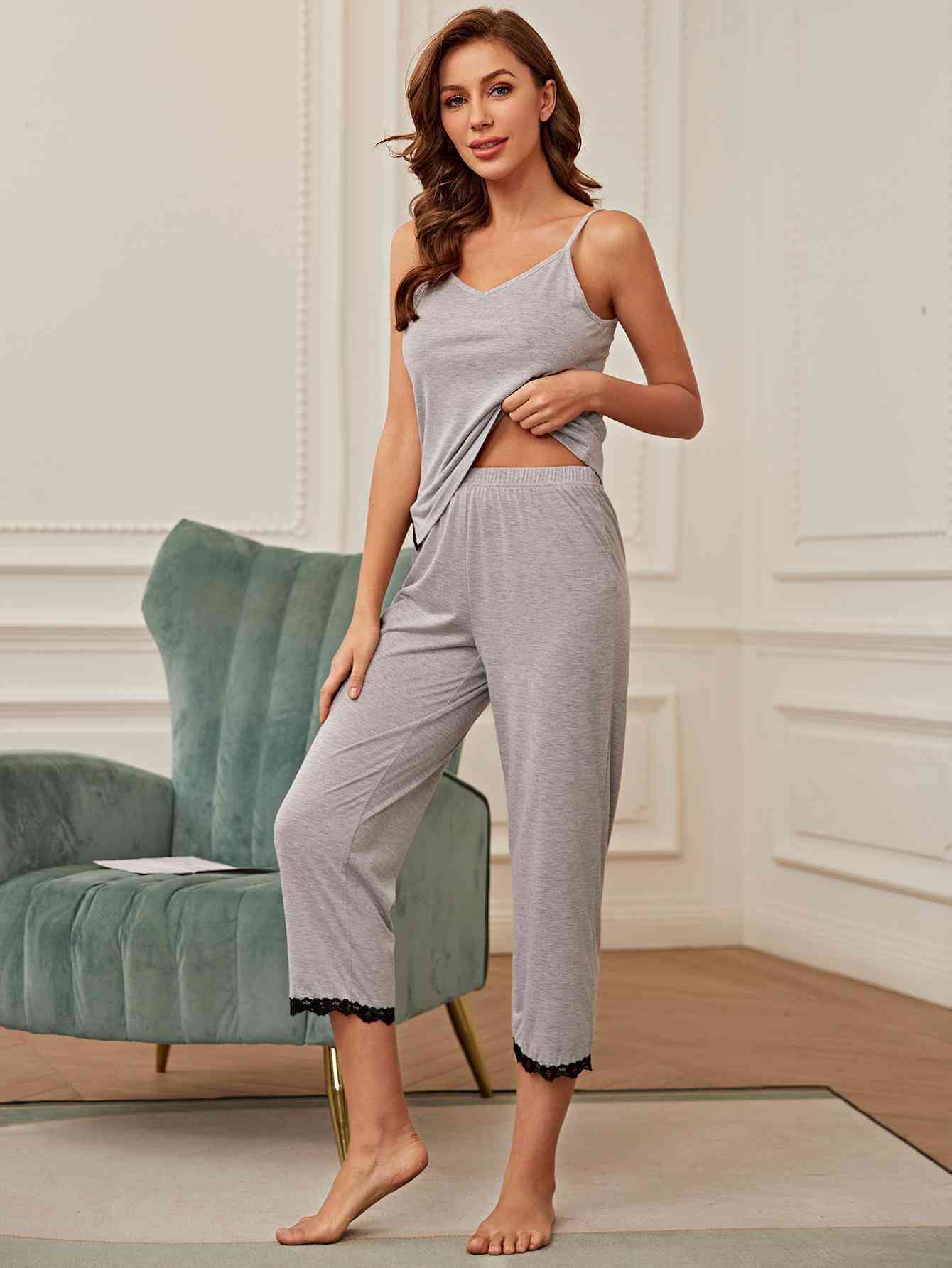 V-Neck Lace Trim Slit Cami and Pants Pajama Set Shapelust