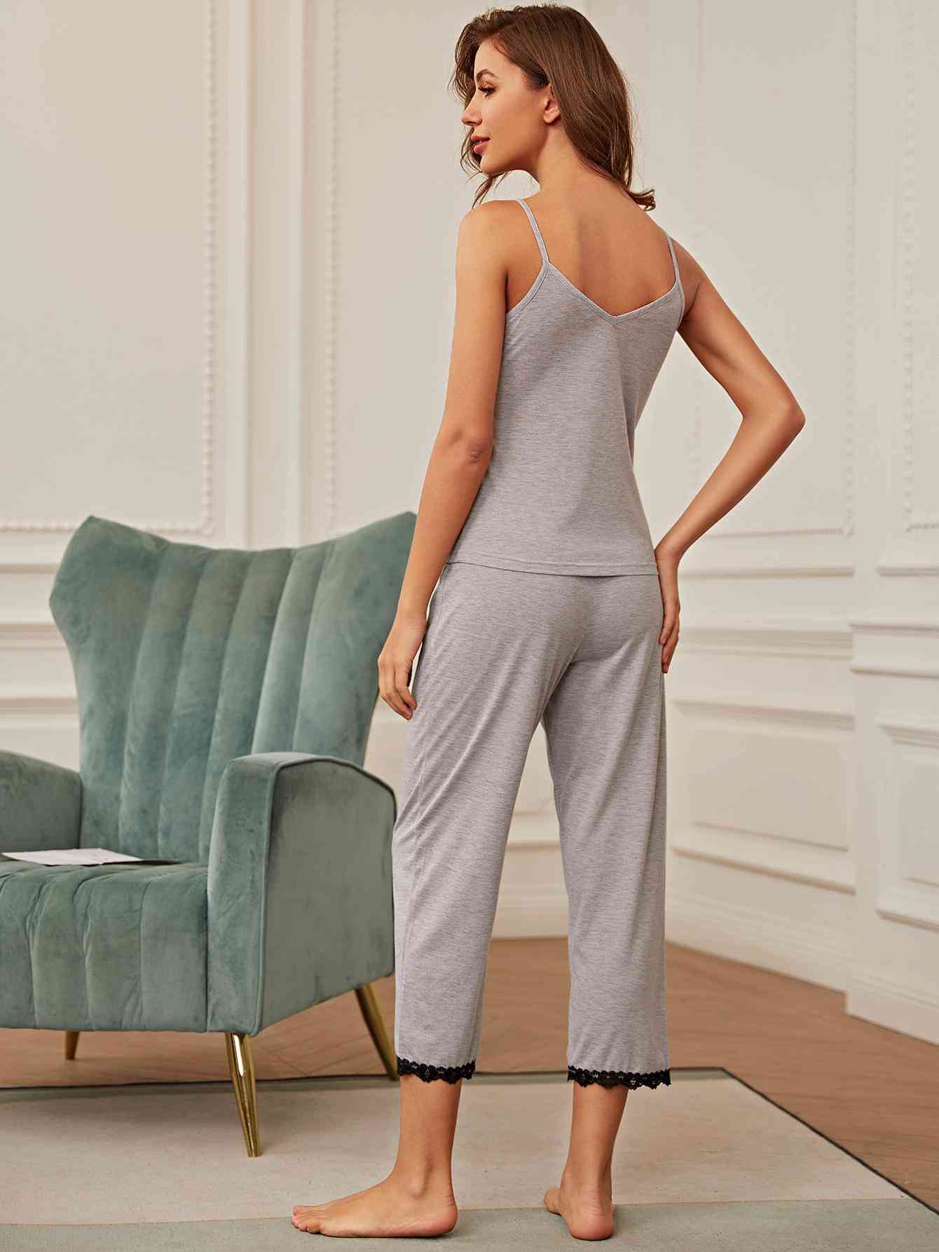 V-Neck Lace Trim Slit Cami and Pants Pajama Set Shapelust