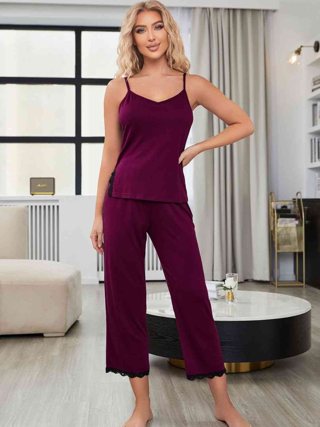 V-Neck Lace Trim Slit Cami and Pants Pajama Set Shapelust