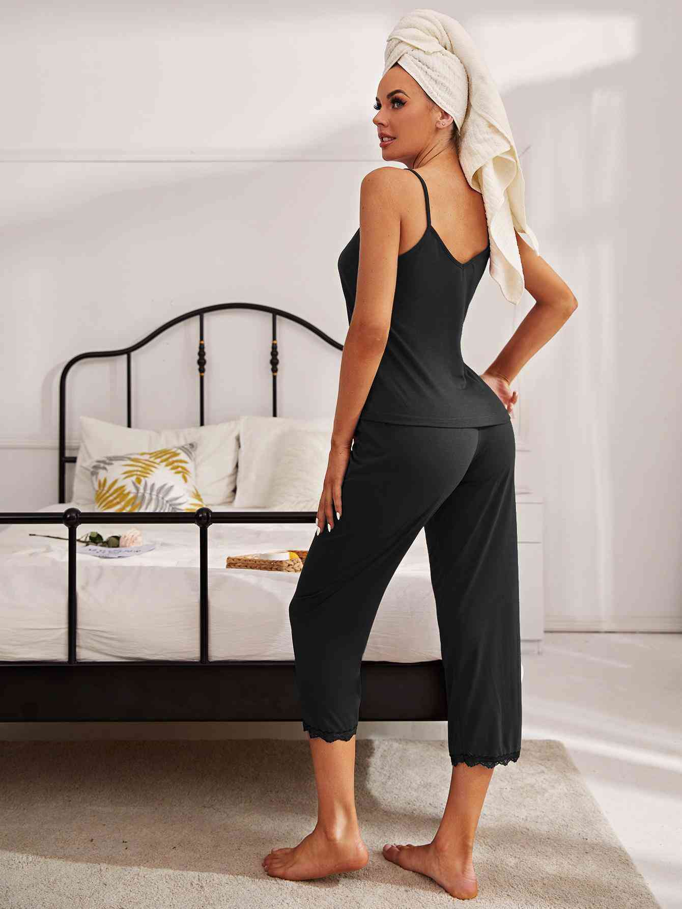 V-Neck Lace Trim Slit Cami and Pants Pajama Set Shapelust