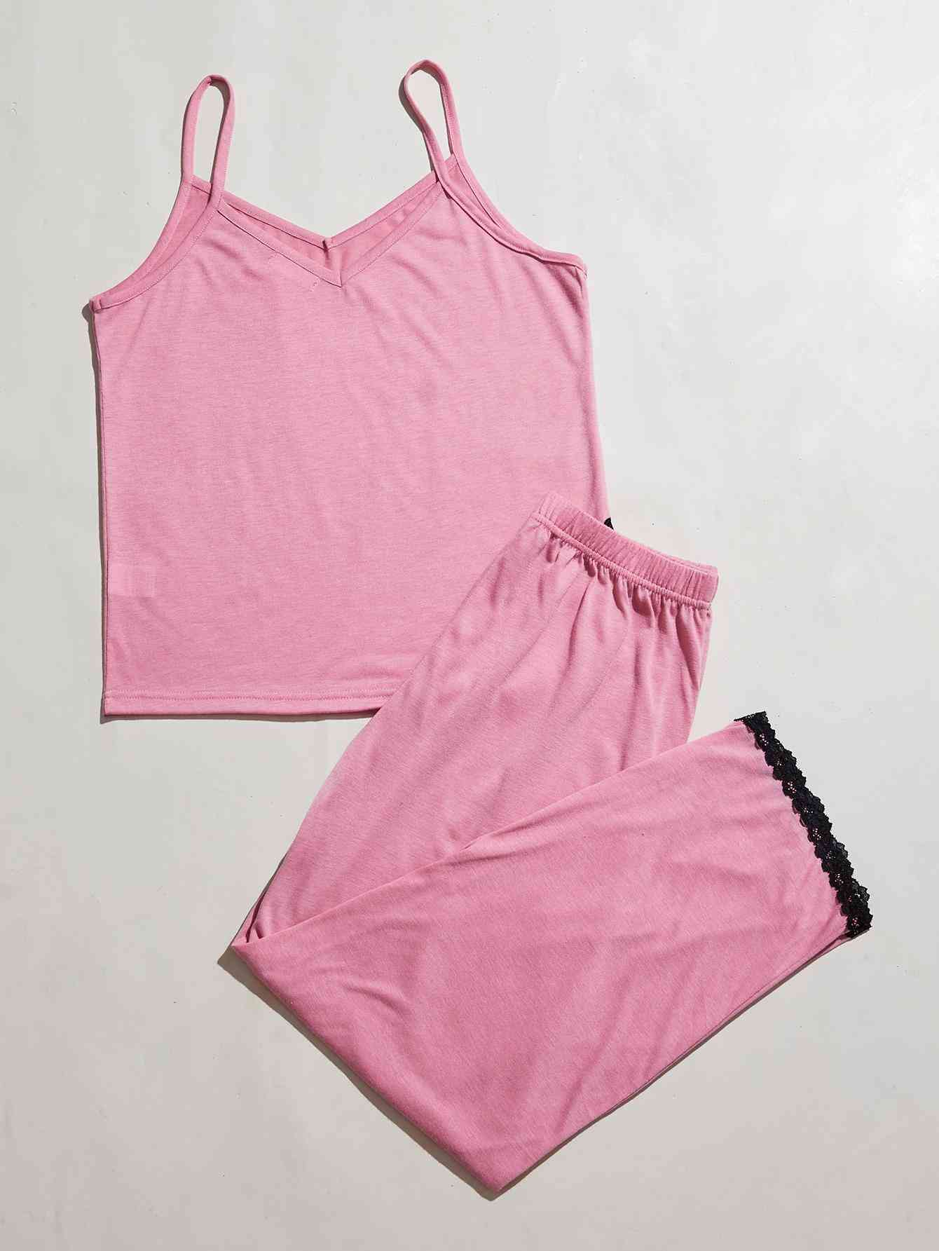 V-Neck Lace Trim Slit Cami and Pants Pajama Set Shapelust