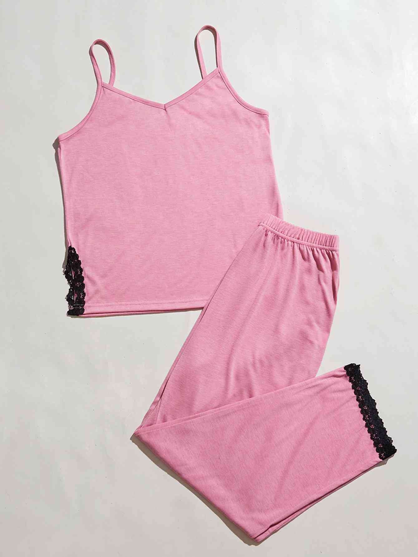 V-Neck Lace Trim Slit Cami and Pants Pajama Set Shapelust