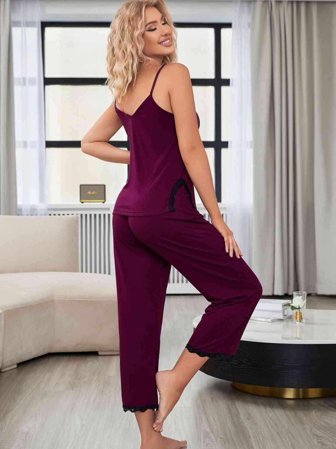 V-Neck Lace Trim Slit Cami and Pants Pajama Set Shapelust
