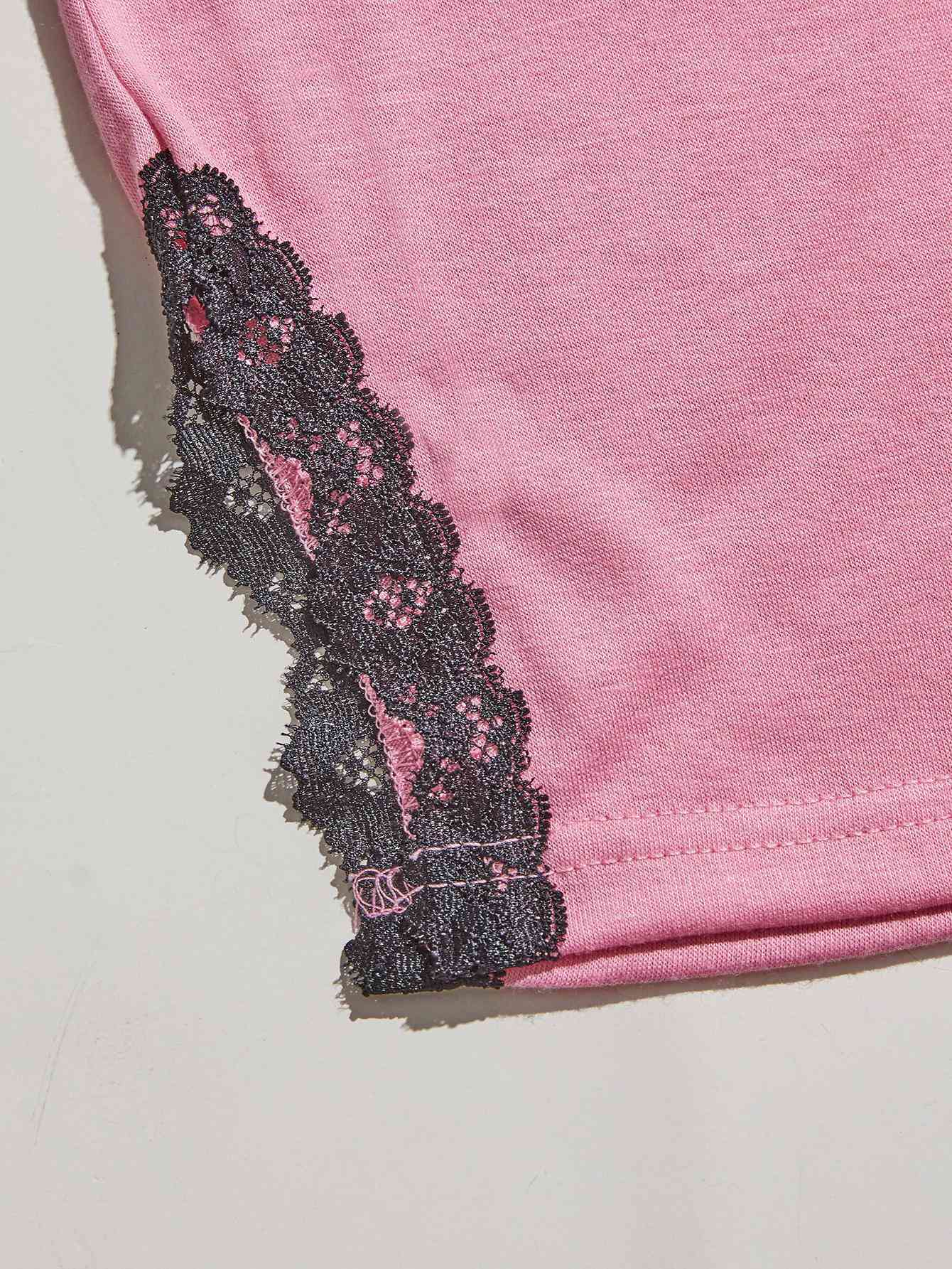 V-Neck Lace Trim Slit Cami and Pants Pajama Set Shapelust