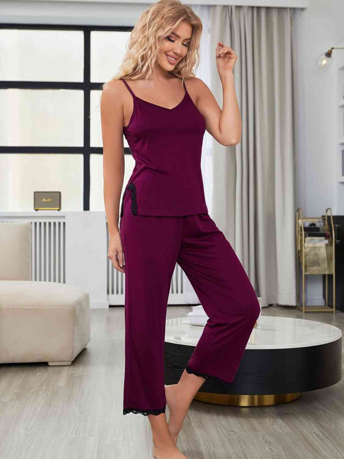 V-Neck Lace Trim Slit Cami and Pants Pajama Set Shapelust