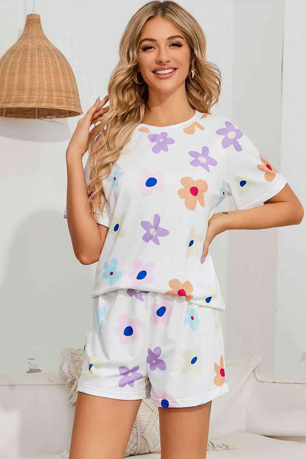 Floral Round Neck Raglan Sleeve Top and Shorts Lounge Set Shapelust