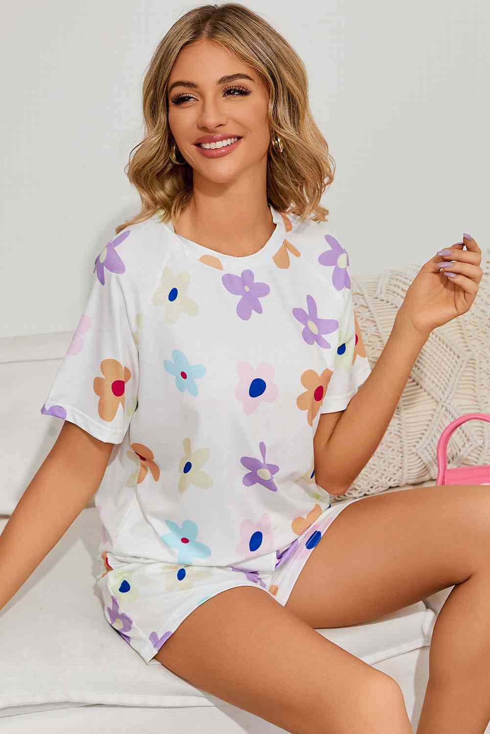 Floral Round Neck Raglan Sleeve Top and Shorts Lounge Set Shapelust