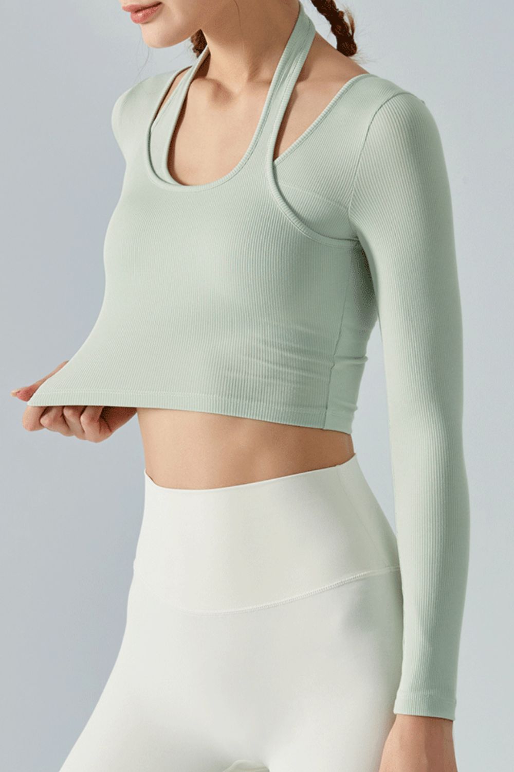 Halter Neck Long Sleeve Cropped Sports Top Shapelust