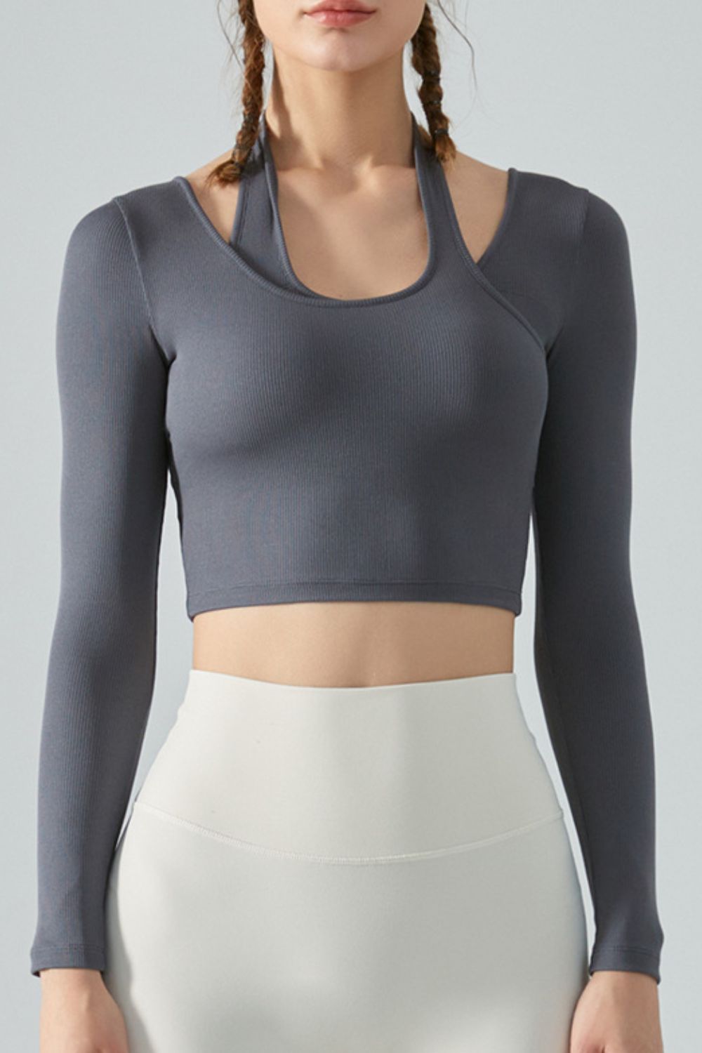 Halter Neck Long Sleeve Cropped Sports Top Shapelust