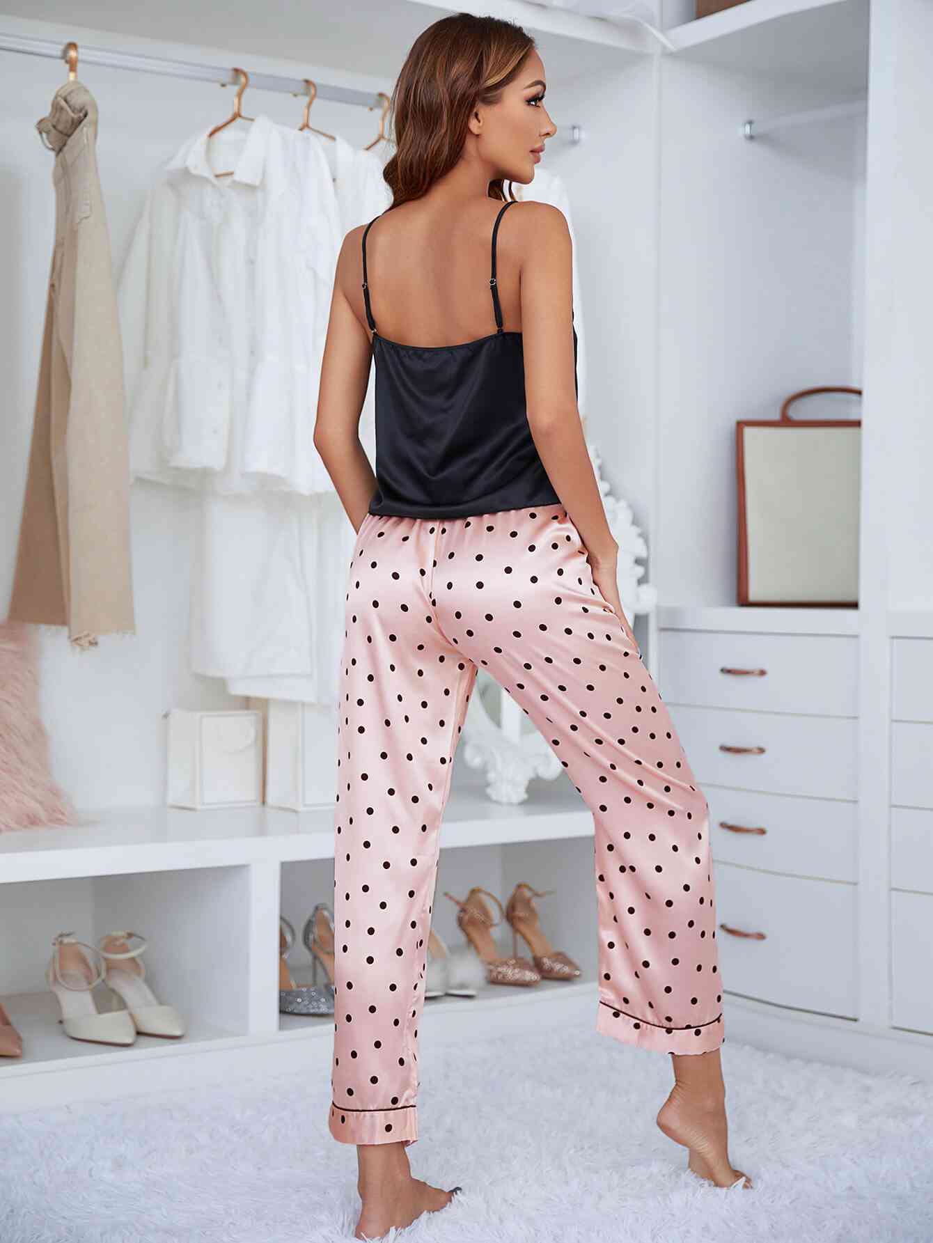 Lace Trim Cami and Polka Dot Satin Pajama Set Shapelust