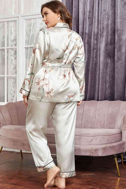 Plus Size Floral Belted Robe and Pants Pajama Set Shapelust